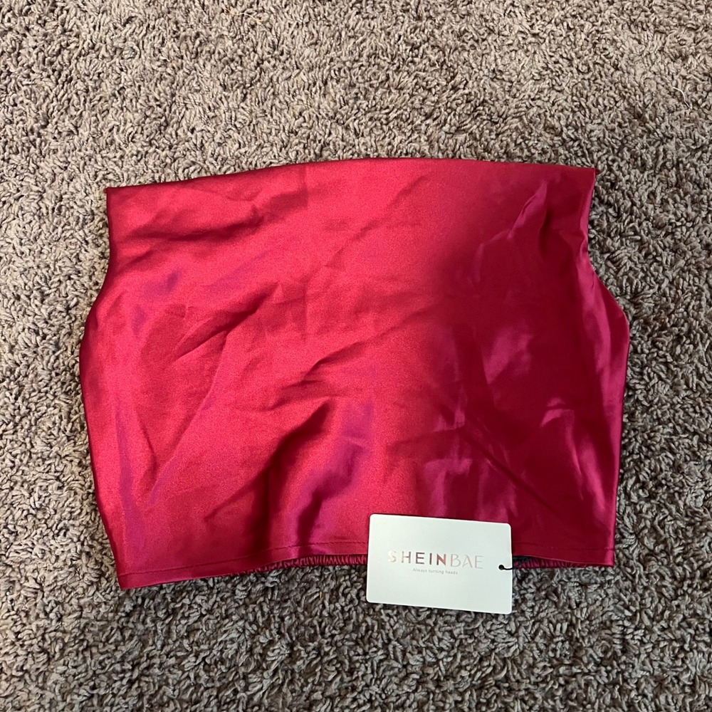 SHEINBAE Women's Red‎ Satin Smocked Tube Top Strapless Crop Top NWT